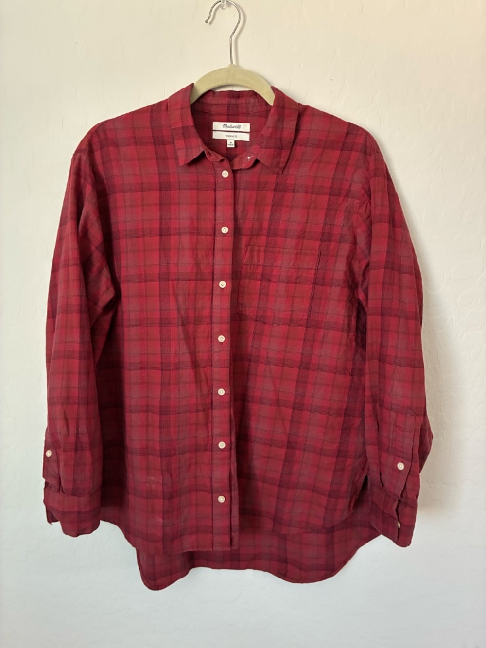 Madewell Oversized Plaid Button Down Shirt Size M Red Burgundy Cotton